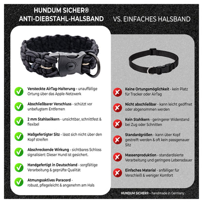 HUNDUM SICHER® Anti-Diebstahl-Halsband mit versteckter AirTag Halterung - ideal für große Hunde