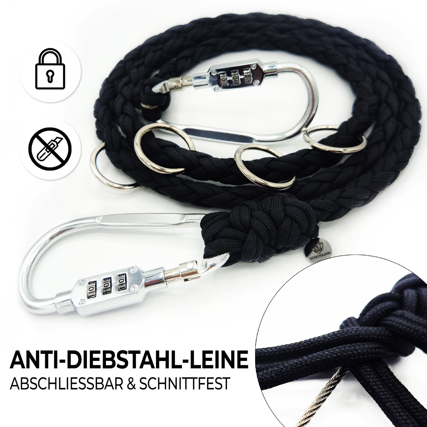 DOGGYGUARD® Anti-Diebstahl Hundeleine - Abschließbar, Schnittfest durch Stahlseil-Kern & Handgemacht