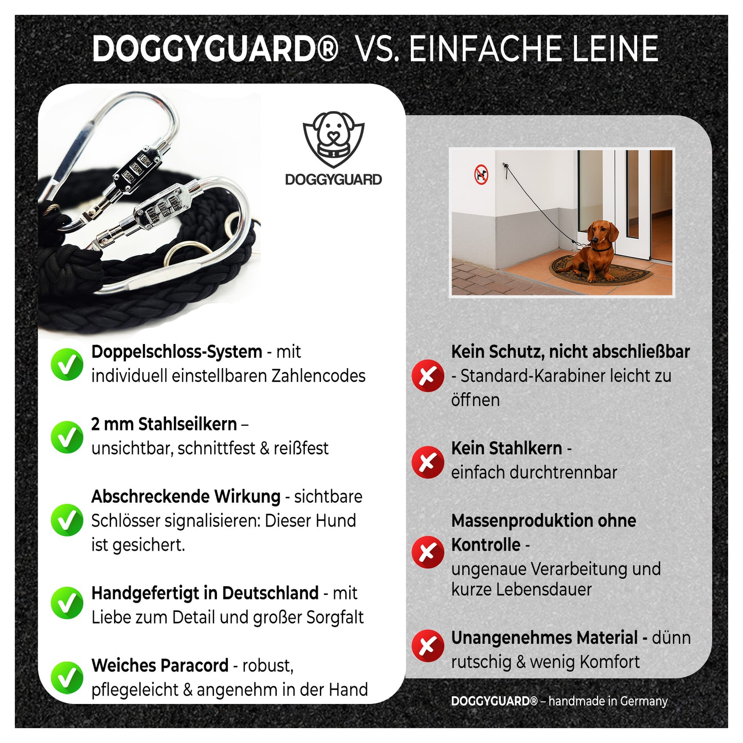 DOGGYGUARD® Anti-Diebstahl Hundeleine - Abschließbar, Schnittfest durch Stahlseil-Kern & Handgemacht