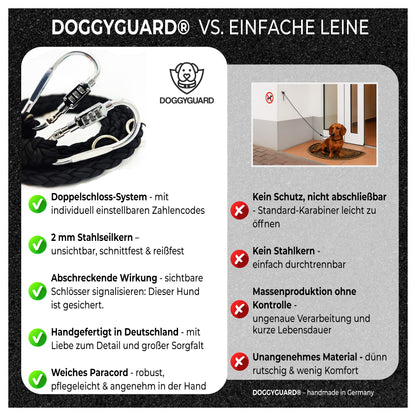 DOGGYGUARD® Anti-Diebstahl Hundeleine - Abschließbar, Schnittfest durch Stahlseil-Kern & Handgemacht