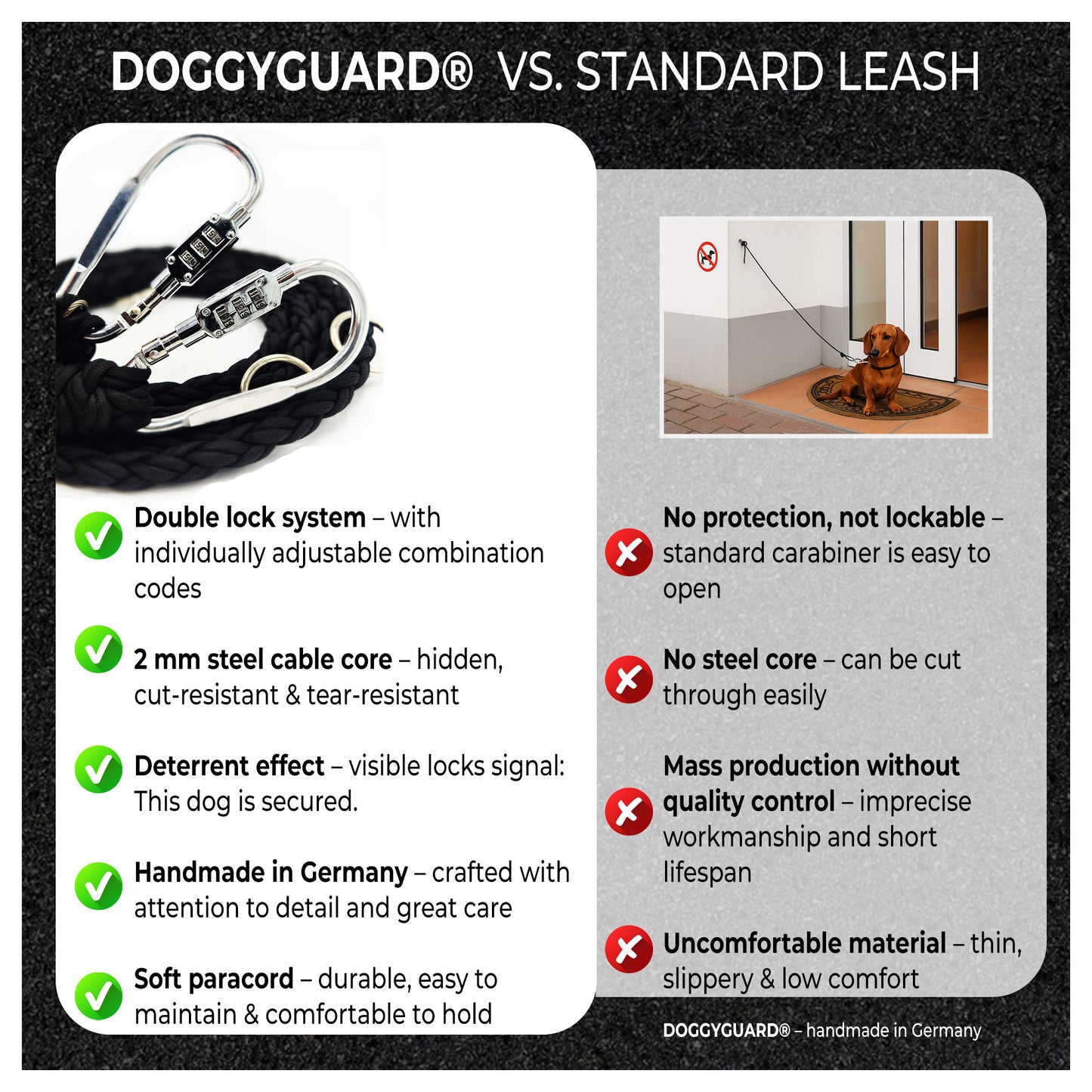 DOGGYGUARD® Anti-Diebstahl Hundeleine - Abschließbar, Schnittfest durch Stahlseil-Kern & Handgemacht