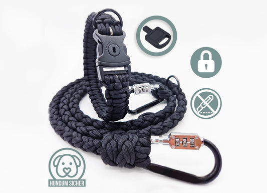 Diebstahlschutz- Hundeleine und Halsband Set aus Paracord - abschließbar mit Schloss [schwarz]