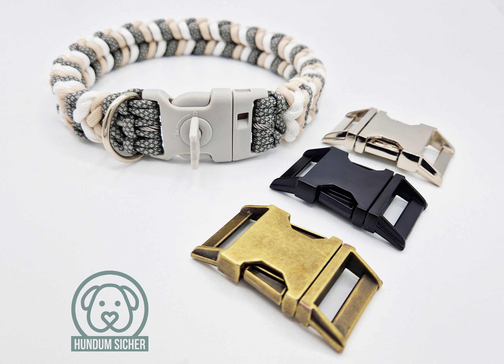 Diebstahlschutz-Hundehalsband - abschließbar mit Schloss [beige, grau & weiß]