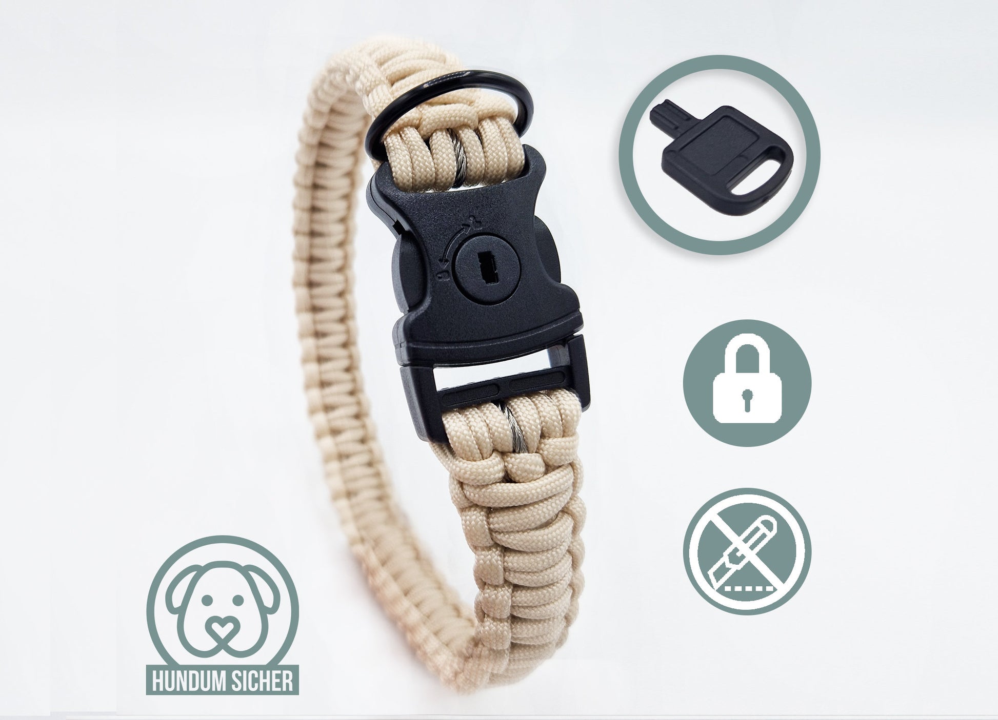 Diebstahlschutz-Hundeleine & Halsband-Set aus Paracord - abschließbar mit Schloss [beige]