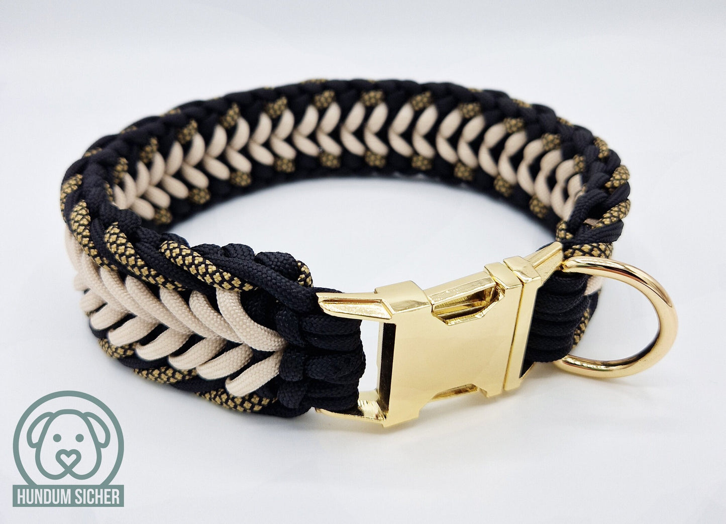 Hundehalsband | Geflochten aus Paracord - auf Wunsch mit Diebstahlschutz [Schwarz, Gold & Beige]