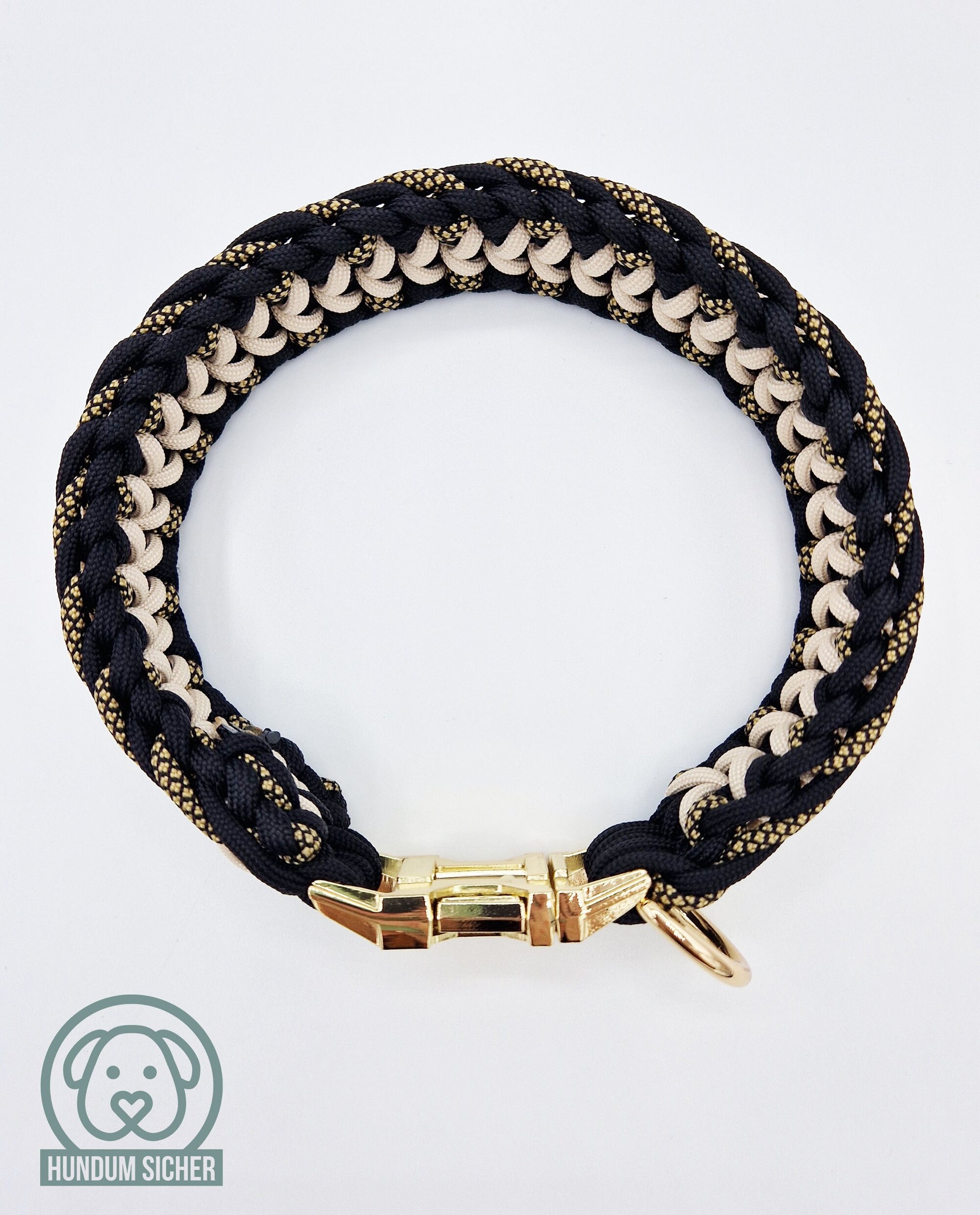 Hundehalsband | Geflochten aus Paracord - auf Wunsch mit Diebstahlschutz [Schwarz, Gold & Beige]