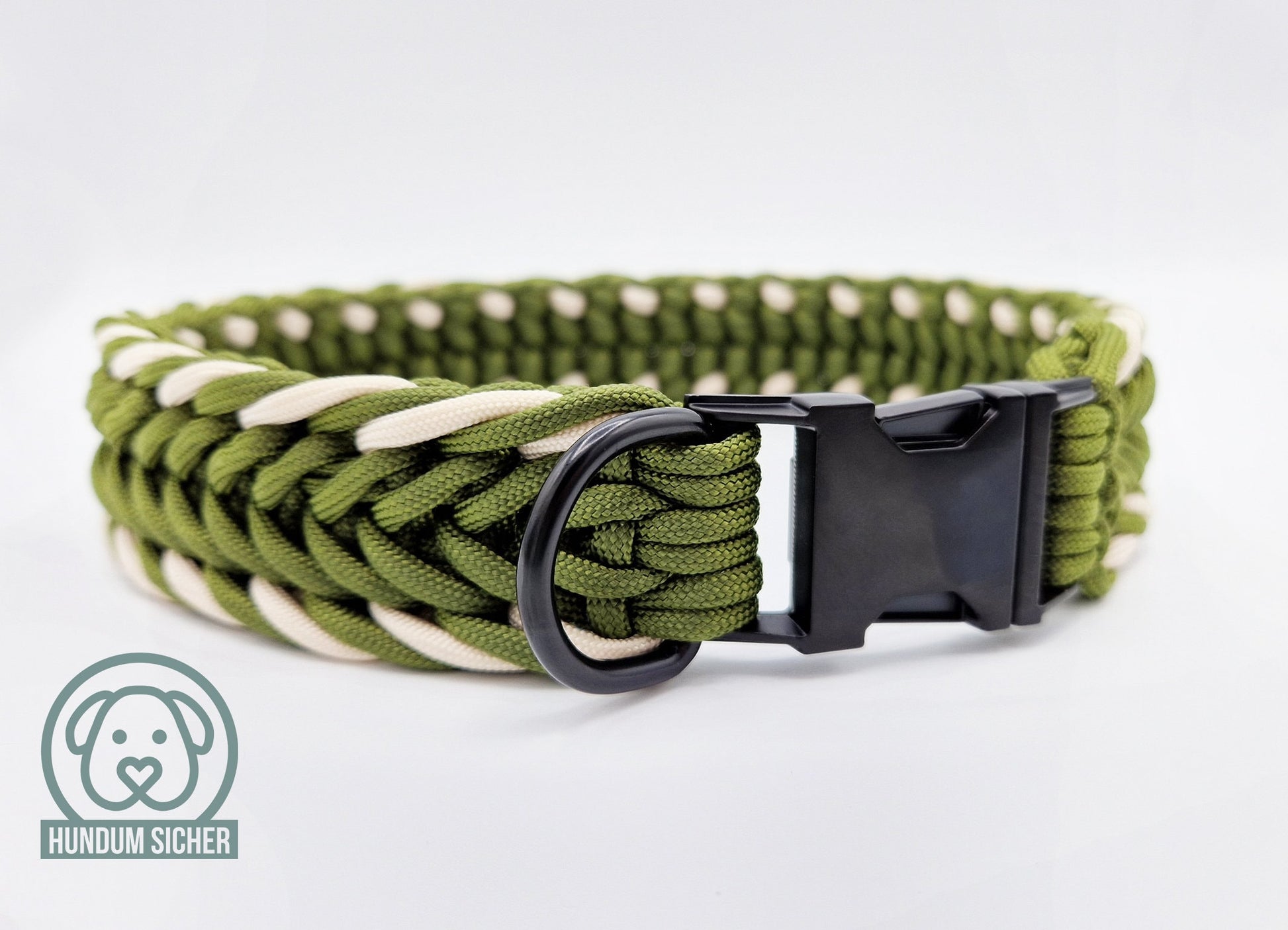 Hundehalsband - auf Wunsch mit Diebstahlschutz | Geflochten aus Paracord [Grün & Beige]