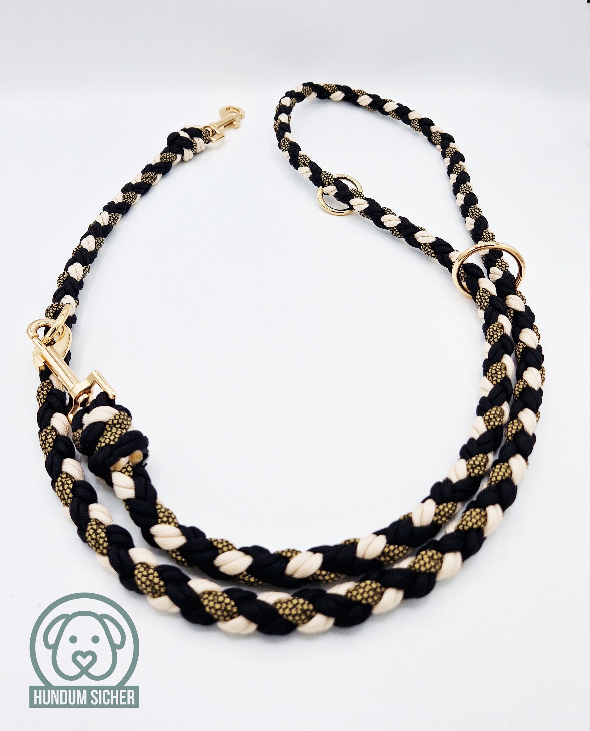 Hundeleine und Halsband Set - geflochten aus Paracord | Gold, Schwarz & Beige