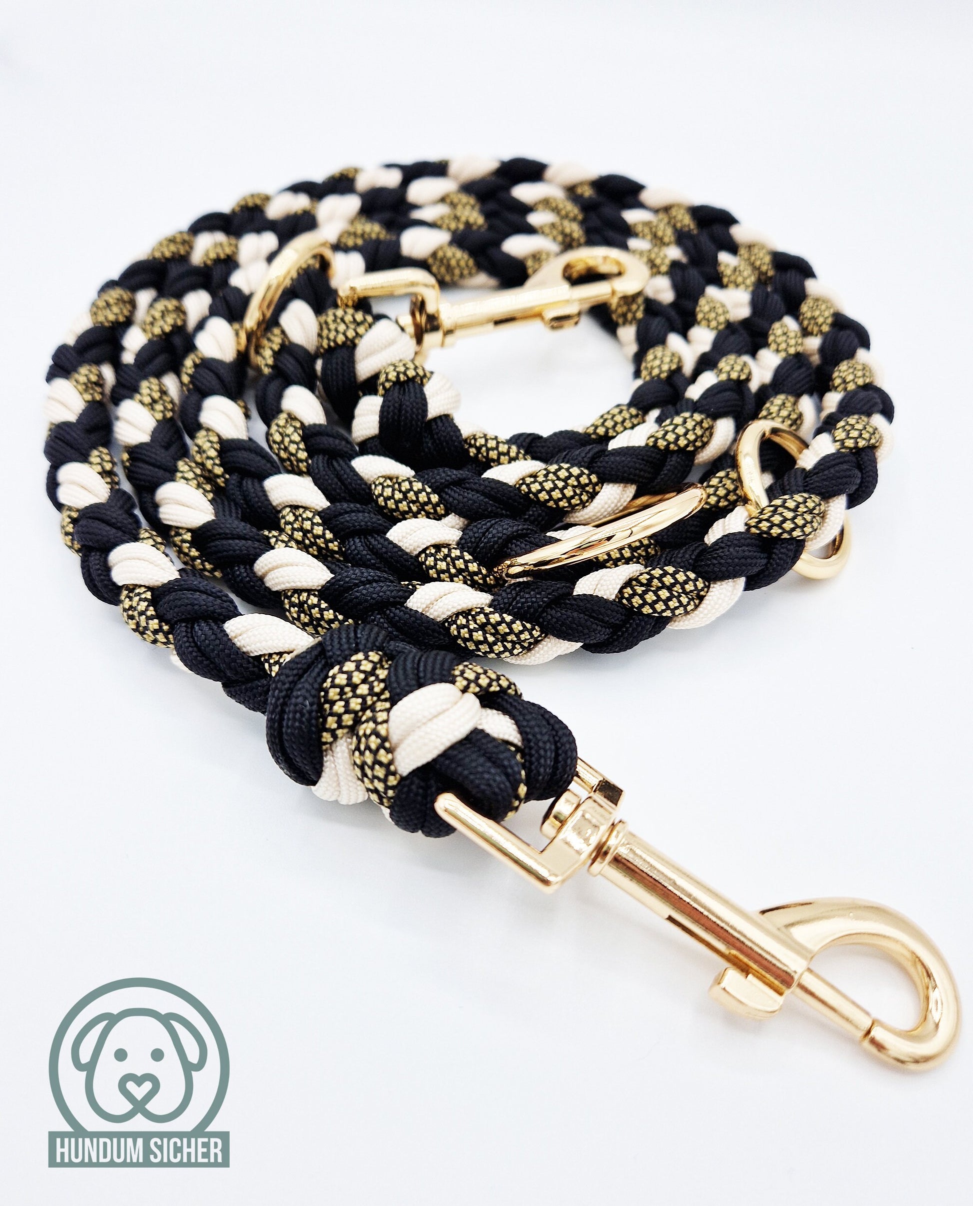 Hundeleine - geflochten aus Paracord | Gold, Schwarz & Beige | Länge verstellbar