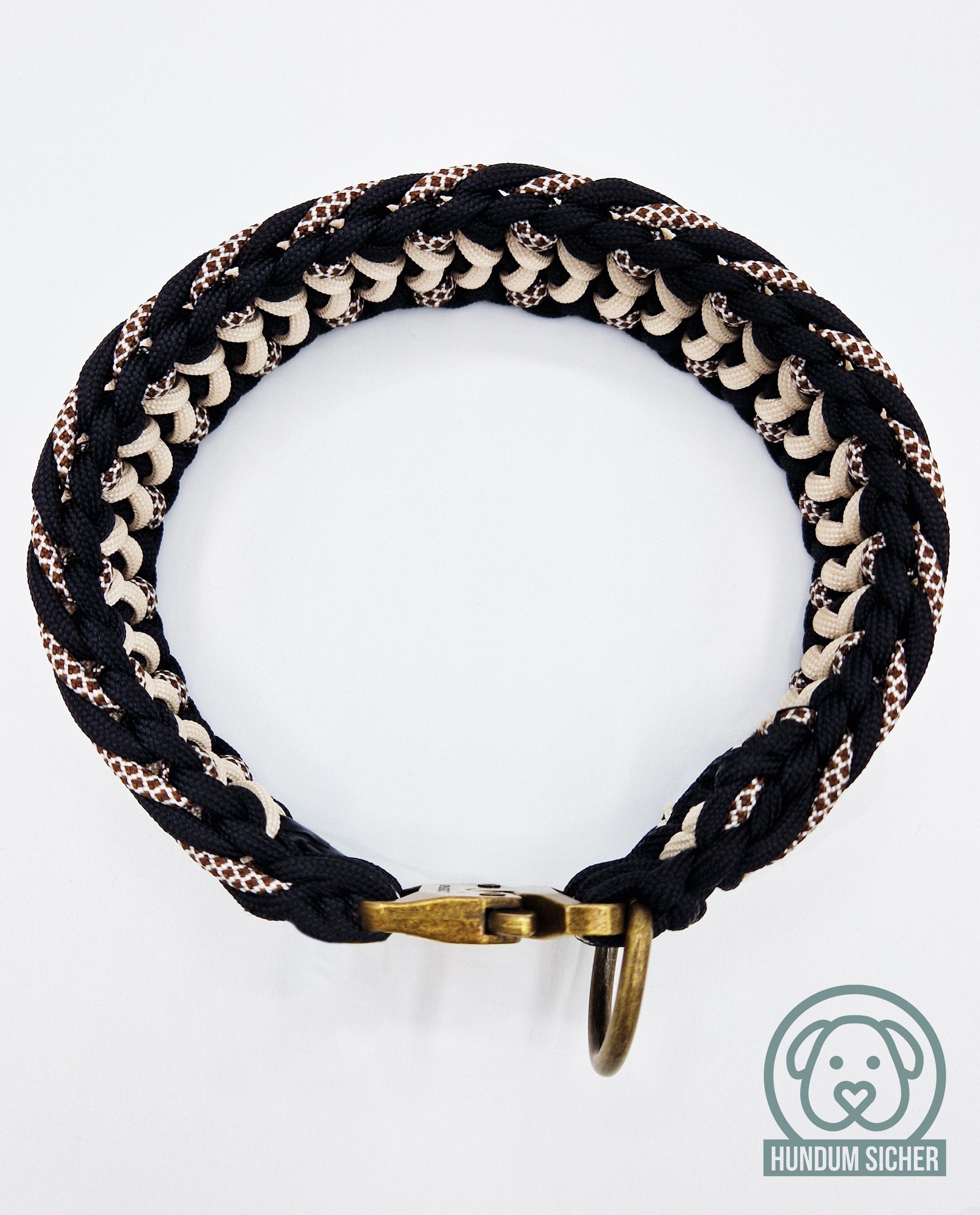 Hundehalsband | Geflochten aus Paracord - auf Wunsch mit Diebstahlschutz [Schwarz, Braun & Beige]