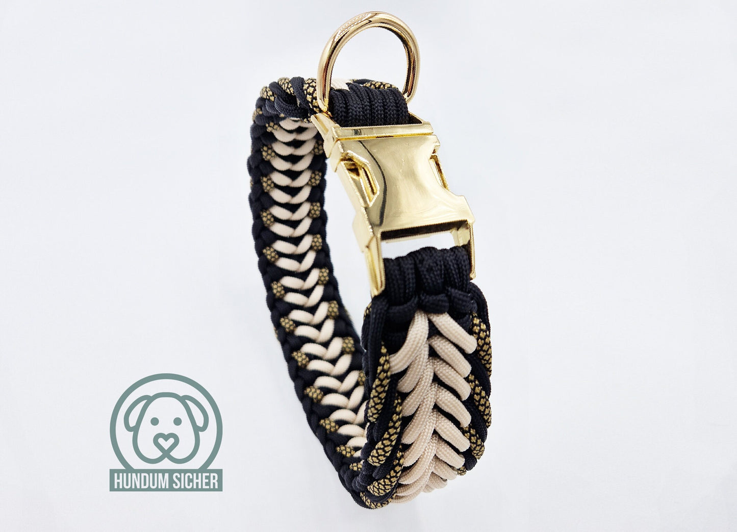 Hundehalsband | Geflochten aus Paracord - auf Wunsch mit Diebstahlschutz [Schwarz, Gold & Beige]