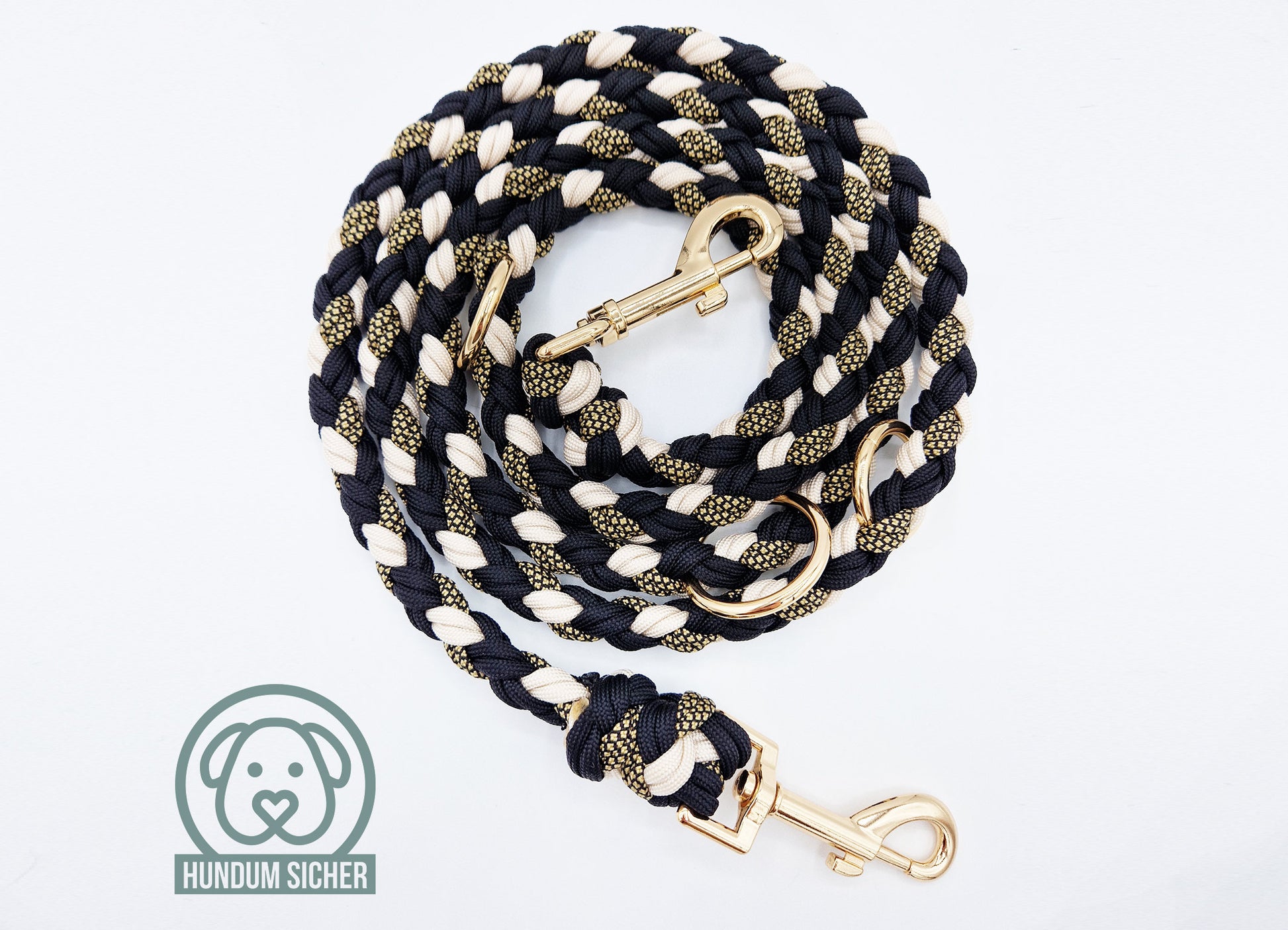 Hundeleine - geflochten aus Paracord | Gold, Schwarz & Beige | Länge verstellbar