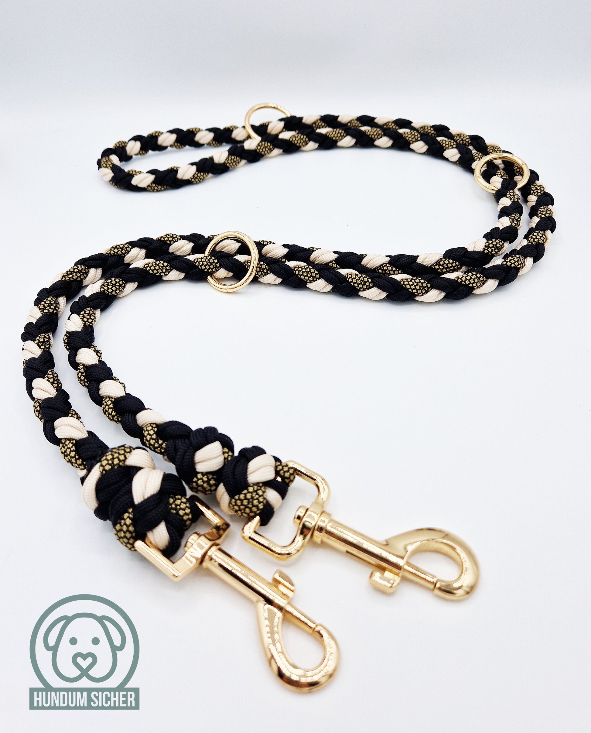 Hundeleine - geflochten aus Paracord | Gold, Schwarz & Beige | Länge verstellbar