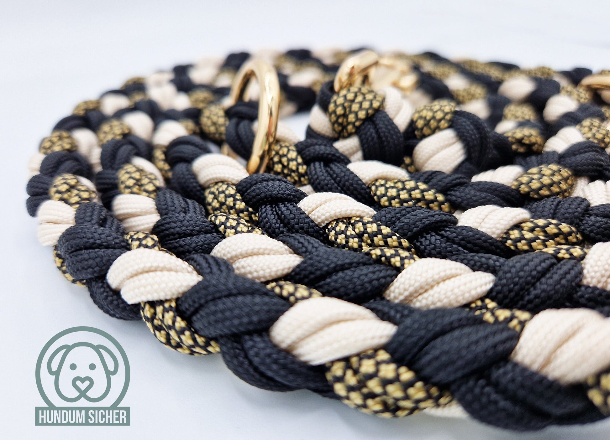 Hundeleine und Halsband Set - geflochten aus Paracord | Gold, Schwarz & Beige