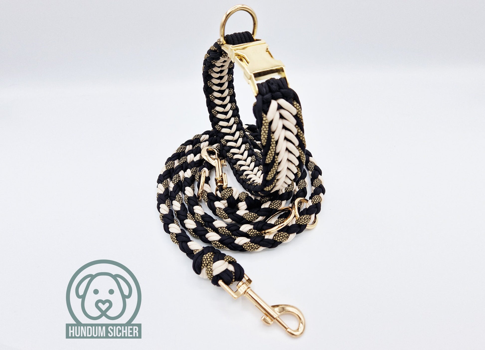 Hundeleine und Halsband Set - geflochten aus Paracord | Gold, Schwarz & Beige