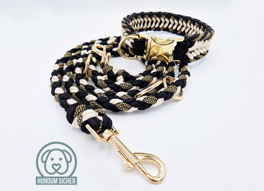 Hundeleine und Halsband Set - geflochten aus Paracord | Gold, Schwarz & Beige