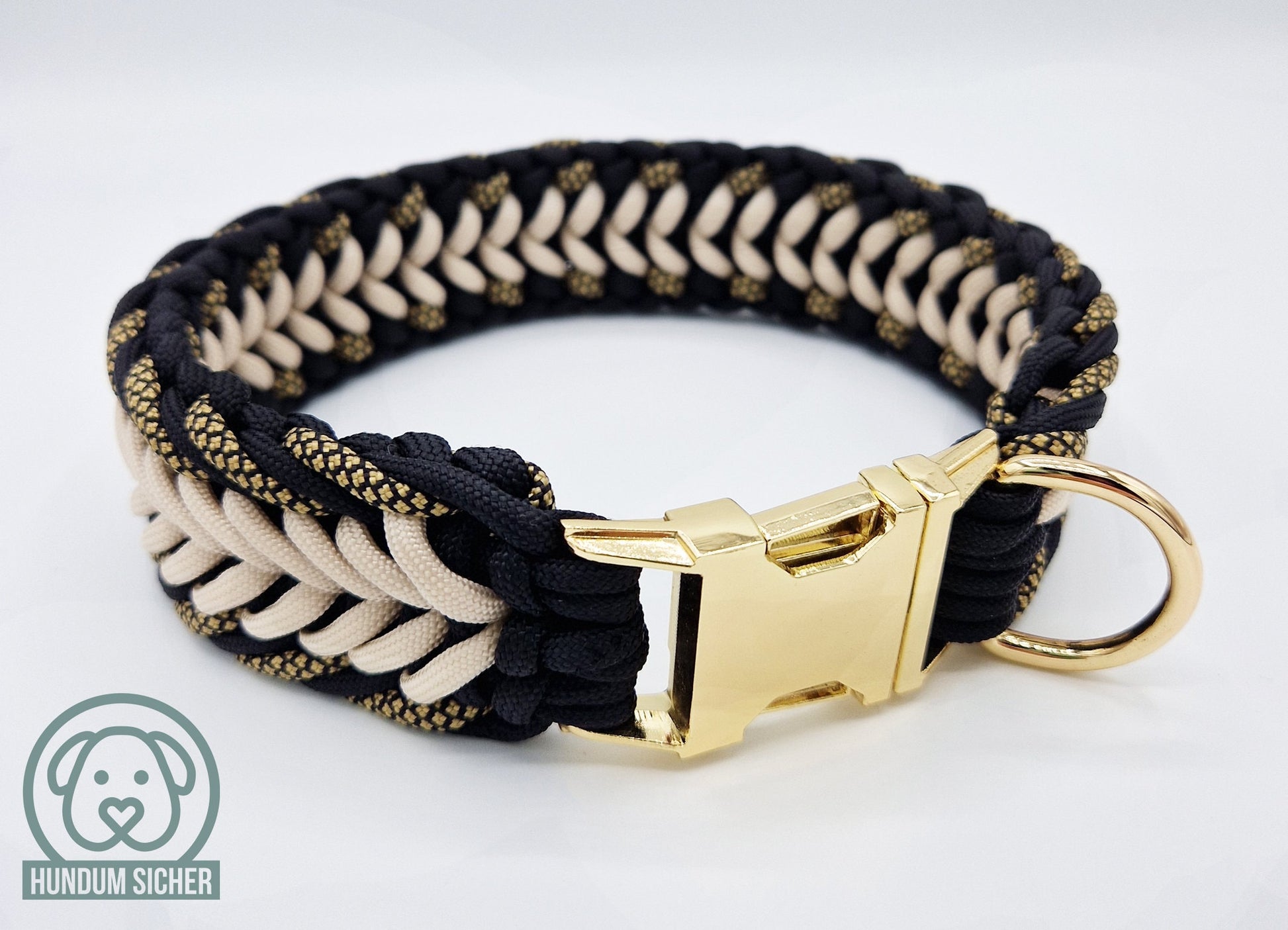 Hundeleine und Halsband Set - geflochten aus Paracord | Gold, Schwarz & Beige