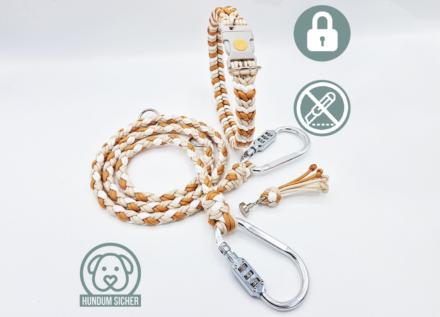 Diebstahlschutz-Hundeleine und Halsband Set - abschließbar mit Magnet-Schloss [beige/weiß/grau]