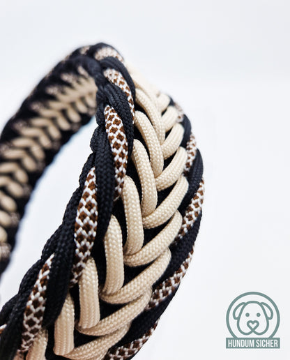 Hundehalsband | Geflochten aus Paracord - auf Wunsch mit Diebstahlschutz [Schwarz, Braun & Beige]