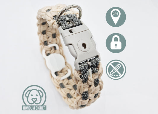 GPS-Tracker-Hundehalsband | versteckte Apple AirTag Halterung | optional mit Diebstahlschutz [beige & grau]