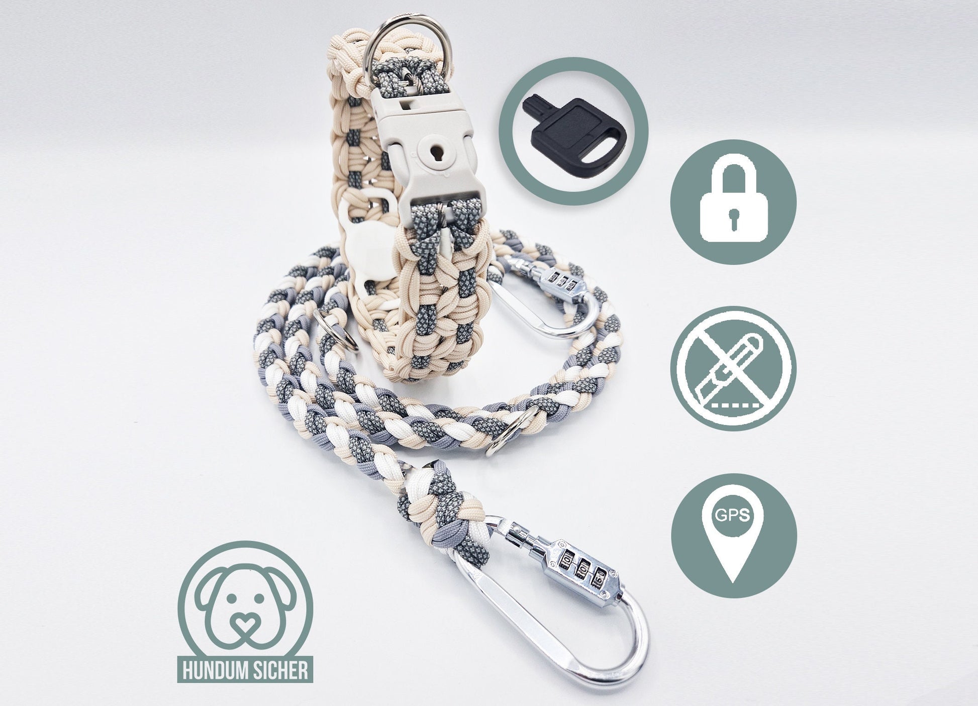 Diebstahlschutz-Hundeleine und Halsband Set - optional mit versteckter Apple AirTag Halterung (GPS-Tracker) [beige/weiß/grau]