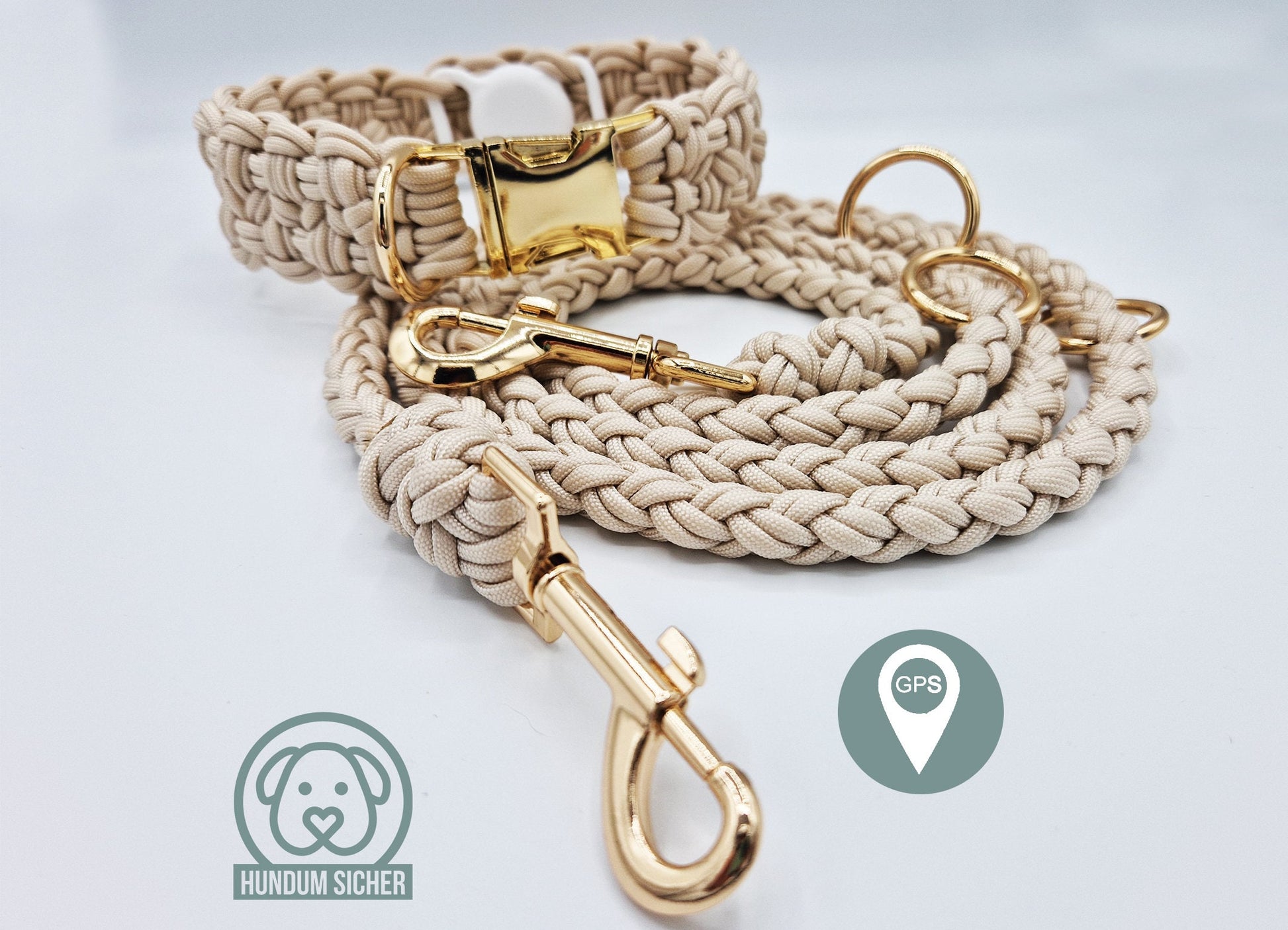 Hundeleine und Halsband Set - mit versteckter Apple AirTag Halterung (GPS-Tracker) [beige & gold]