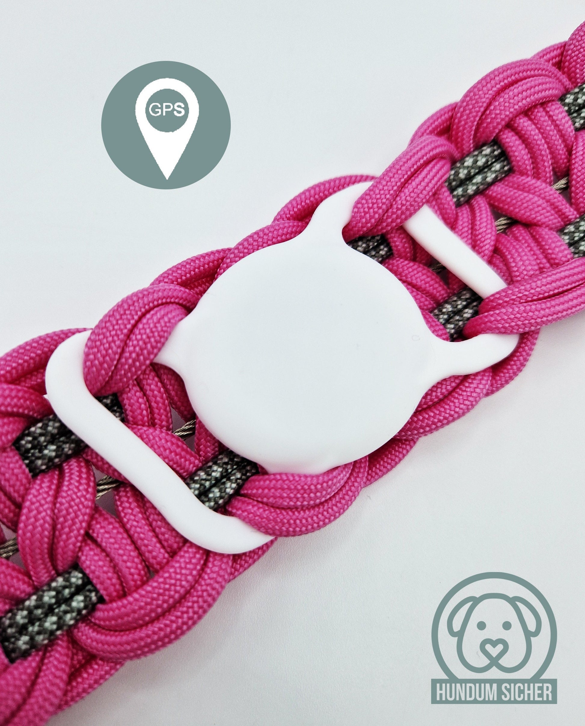 Diebstahlschutz-Hundeleine und Halsband Set - optional mit versteckter Apple AirTag Halterung (GPS-Tracker) [pink/beige/weiß/grau]