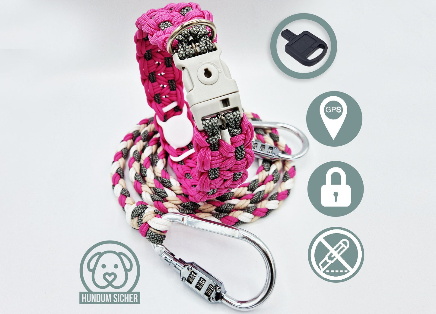 Diebstahlschutz-Hundeleine und Halsband Set - optional mit versteckter Apple AirTag Halterung (GPS-Tracker) [pink/beige/weiß/grau]