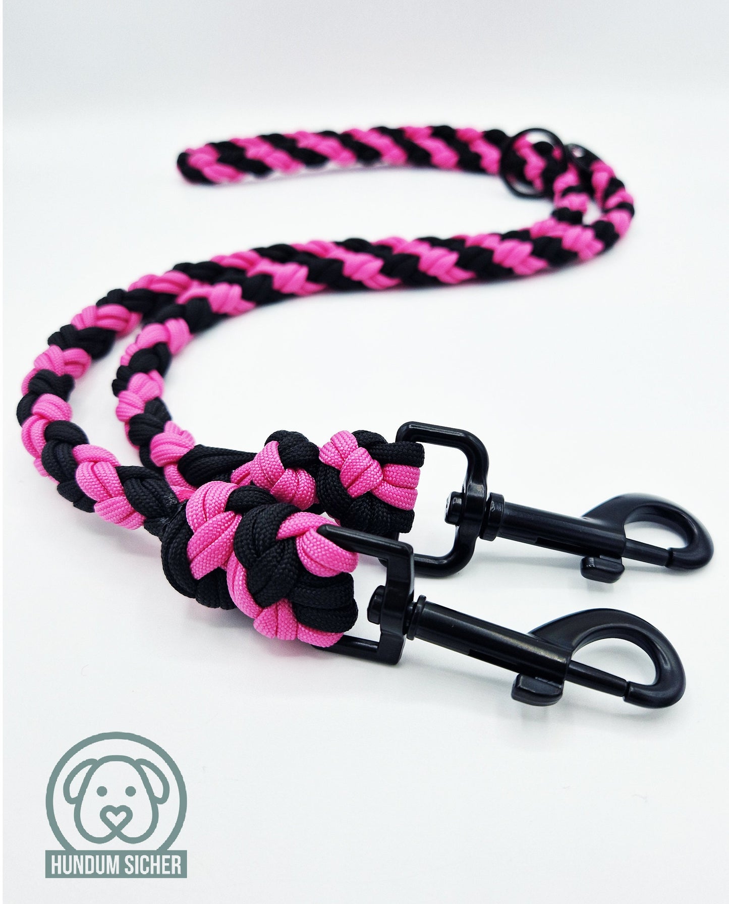 Hundeleine - geflochten aus Paracord | Pink & Schwarz | Länge verstellbar