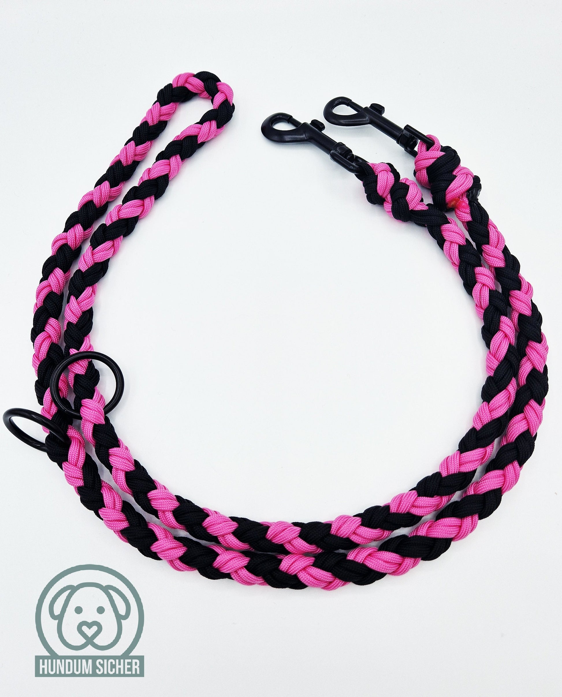 Hundeleine - geflochten aus Paracord | Pink & Schwarz | Länge verstellbar