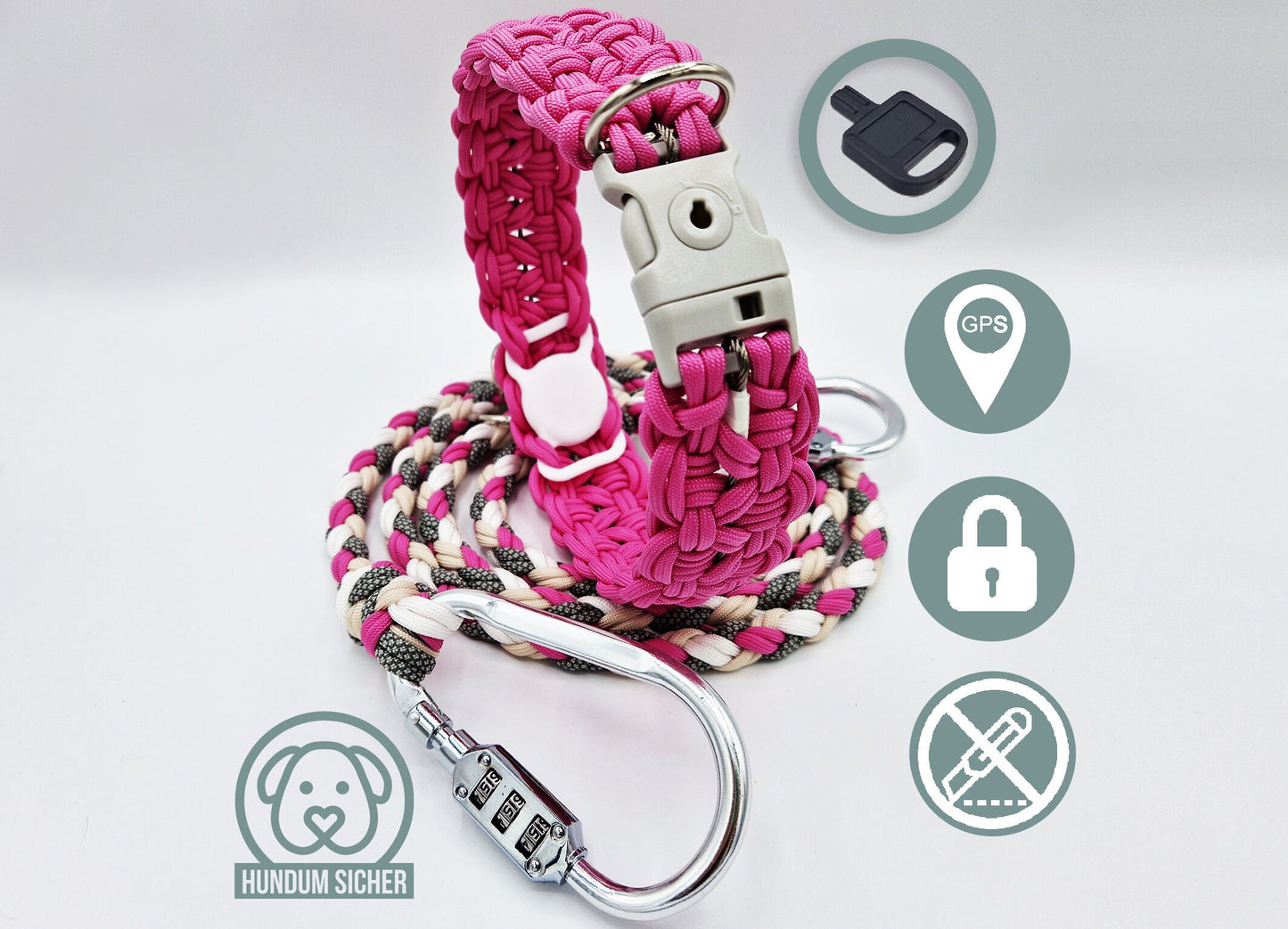 Diebstahlschutz-Hundeleine und Halsband Set - optional mit versteckter Apple AirTag Halterung (GPS-Tracker) [pink/beige/weiß/grau]