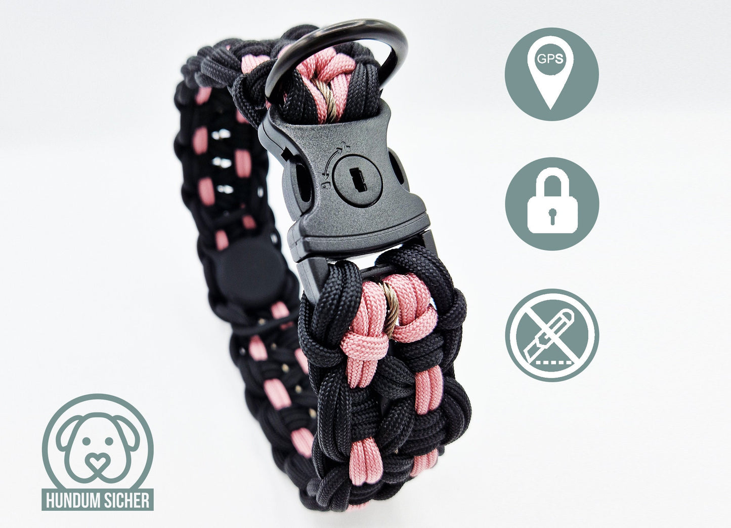 GPS-Tracker-Hundehalsband | versteckte Apple AirTag Halterung | optional mit Diebstahlschutz [schwarz & rosa]