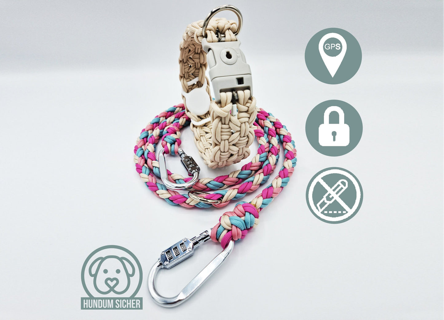 Diebstahlschutz-Hundeleine und Halsband Set - optional mit versteckter Apple AirTag Halterung (GPS-Tracker) [Blau/Rosa/Pink/Beige]