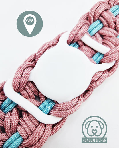 GPS-Tracker-Hundehalsband | versteckte Apple AirTag Halterung | optional mit Diebstahlschutz [Altrosa & Babyblau]