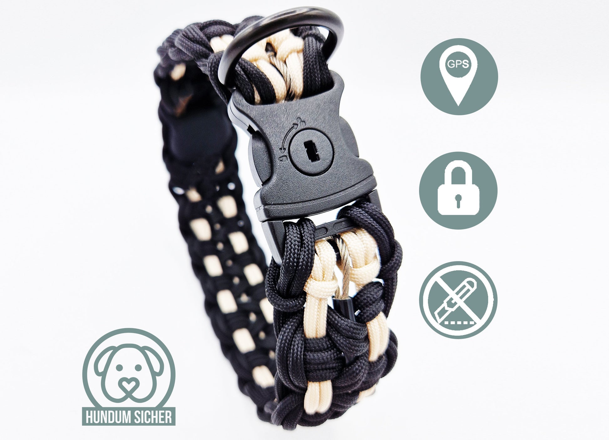 GPS-Tracker-Hundehalsband | versteckte Apple AirTag Halterung | optional mit Diebstahlschutz [schwarz & beige]