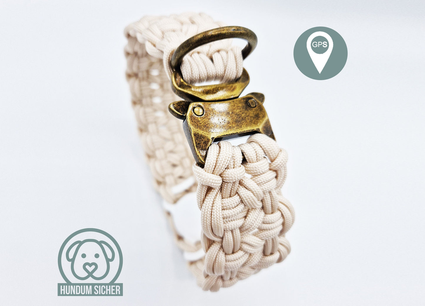 GPS-Tracker-Hundehalsband | optional mit versteckter Apple AirTag Halterung [Beige & Messing]