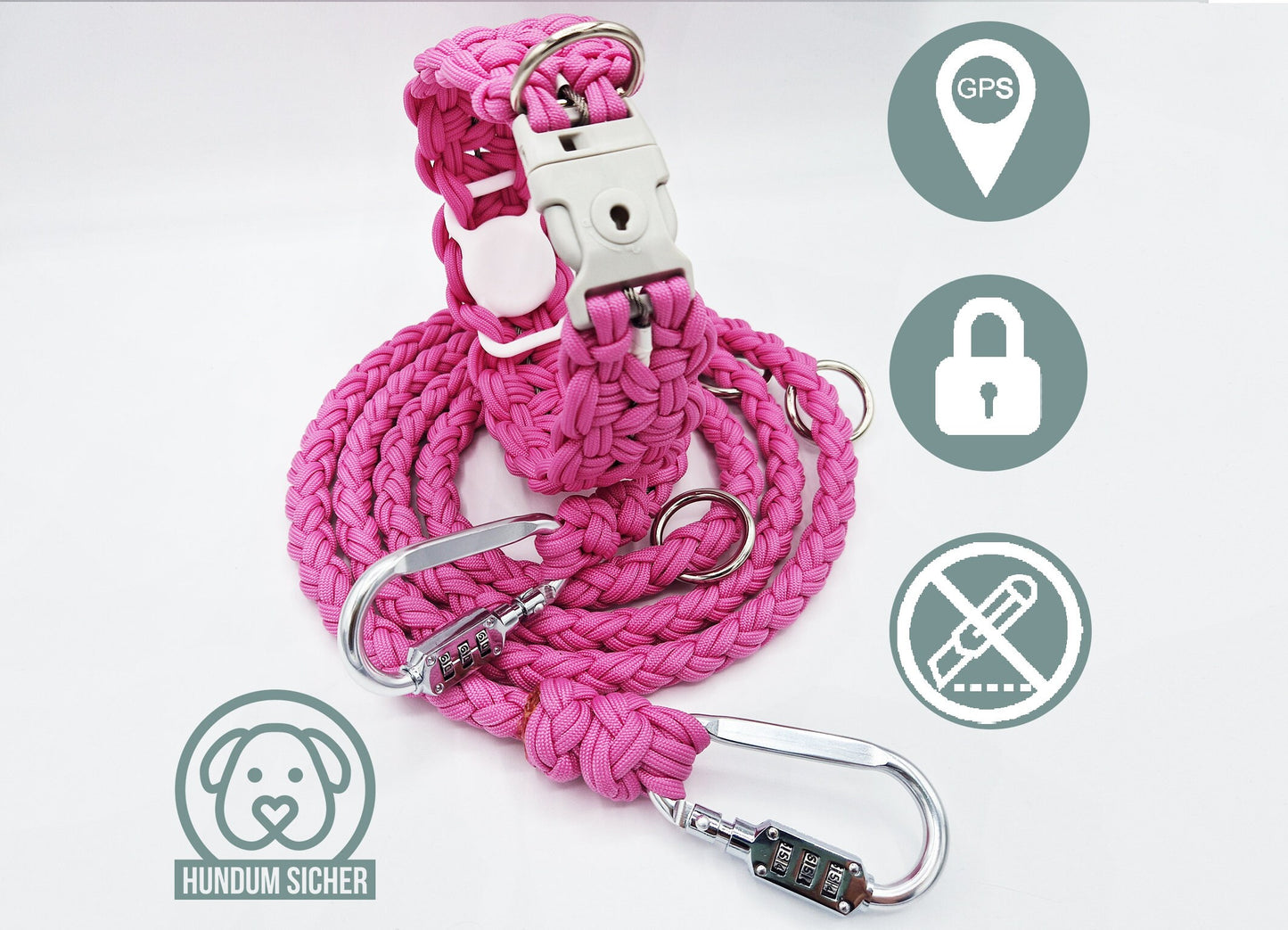 Diebstahlschutz-Hundeleine und Halsband Set - optional mit versteckter Apple AirTag Halterung (GPS-Tracker) [pink]