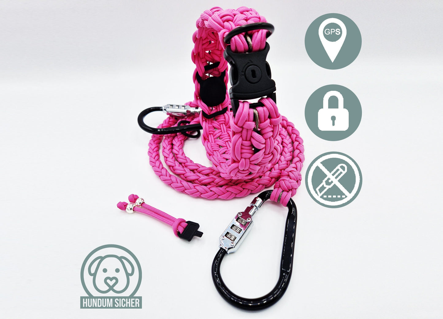 Diebstahlschutz-Hundeleine und Halsband Set - optional mit versteckter Apple AirTag Halterung (GPS-Tracker) [pink]