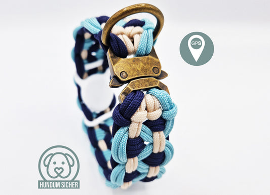 GPS-Tracker-Hundehalsband | versteckte Apple AirTag Halterung | optional mit Diebstahlschutz [Blau & Beige]