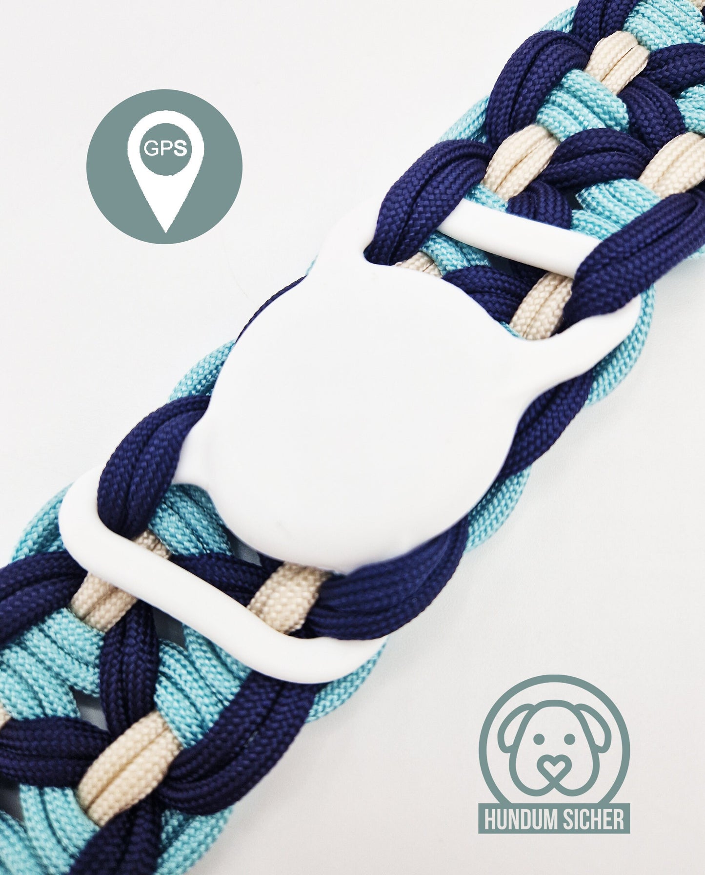 GPS-Tracker-Hundehalsband | versteckte Apple AirTag Halterung | optional mit Diebstahlschutz [Blau & Beige]