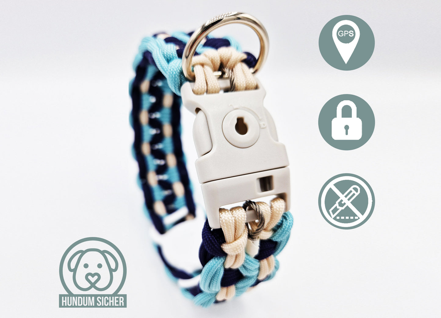 GPS-Tracker-Hundehalsband | versteckte Apple AirTag Halterung [Blau & Beige]