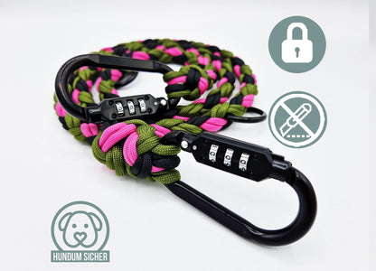 Diebstahlschutz-Hundeleine aus Paracord - abschließbar mit Schloss [Grün, Pink & Schwarz]