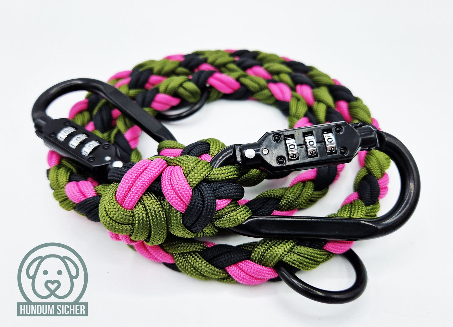 Diebstahlschutz-Hundeleine aus Paracord - abschließbar mit Schloss [Grün, Pink & Schwarz]