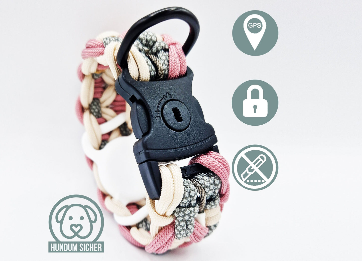 GPS-Tracker-Hundehalsband | versteckte Apple AirTag Halterung | optional mit Diebstahlschutz [Rosa, Beige & Grau]