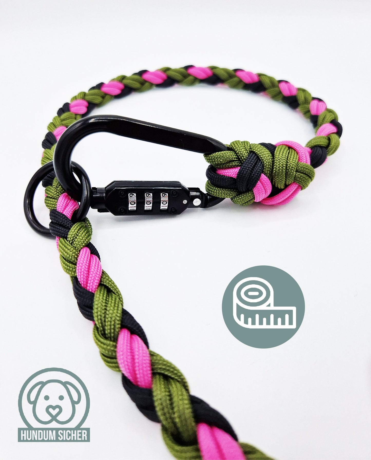 Diebstahlschutz-Hundeleine aus Paracord - abschließbar mit Schloss [Grün, Pink & Schwarz]