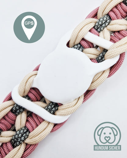 GPS-Tracker-Hundehalsband | versteckte Apple AirTag Halterung | optional mit Diebstahlschutz [Rosa, Beige & Grau]