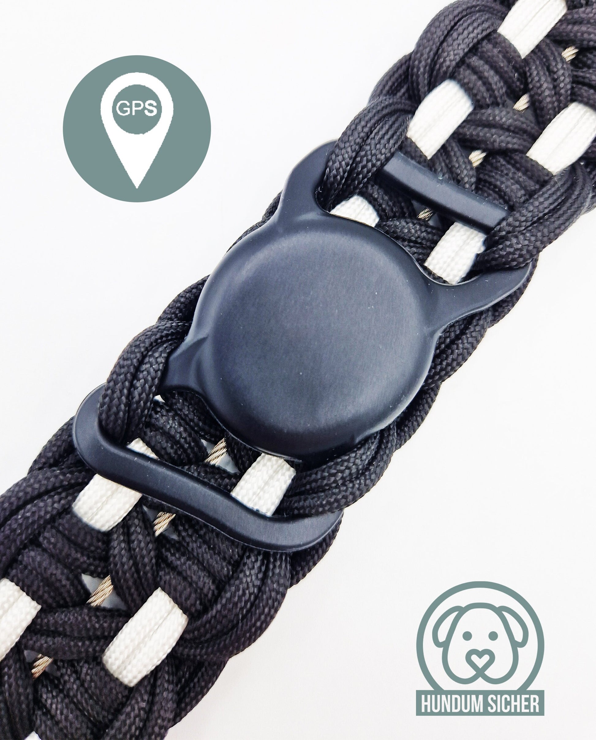 GPS-Tracker-Hundehalsband | versteckte Apple AirTag Halterung | optional mit Diebstahlschutz [schwarz & weiß]