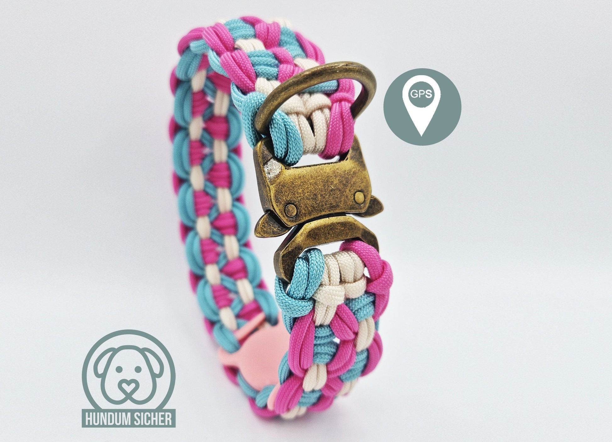 GPS-Tracker-Hundehalsband | optional mit versteckter Apple AirTag Halterung [Blau, Pink, Beige & Messing]